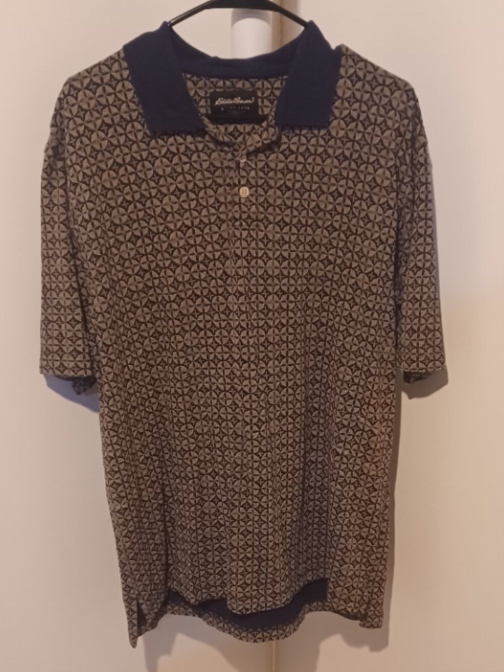 Eddie Bauer Cotton Short Sleeve Collared Square Blue/Tan Geometric Shirt Large
